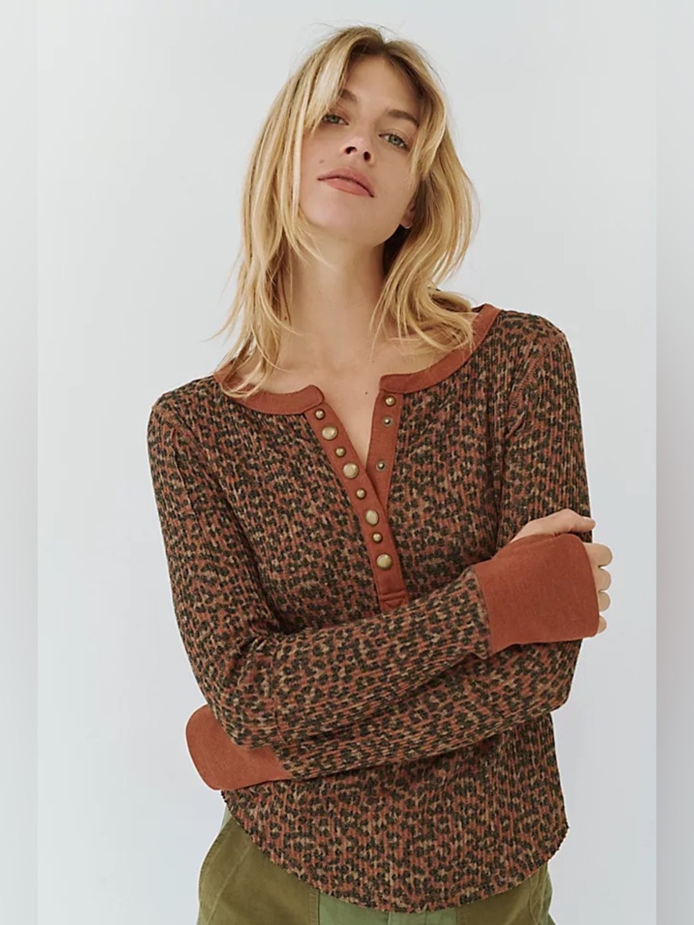 Free People Ribbed Henley in Rust and Animal Print, Size Large